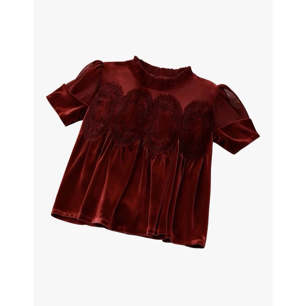 Free People Inspired Velvet Babydoll Lace Victorian Top In Burgundy Sz S - Picture 3 of 7